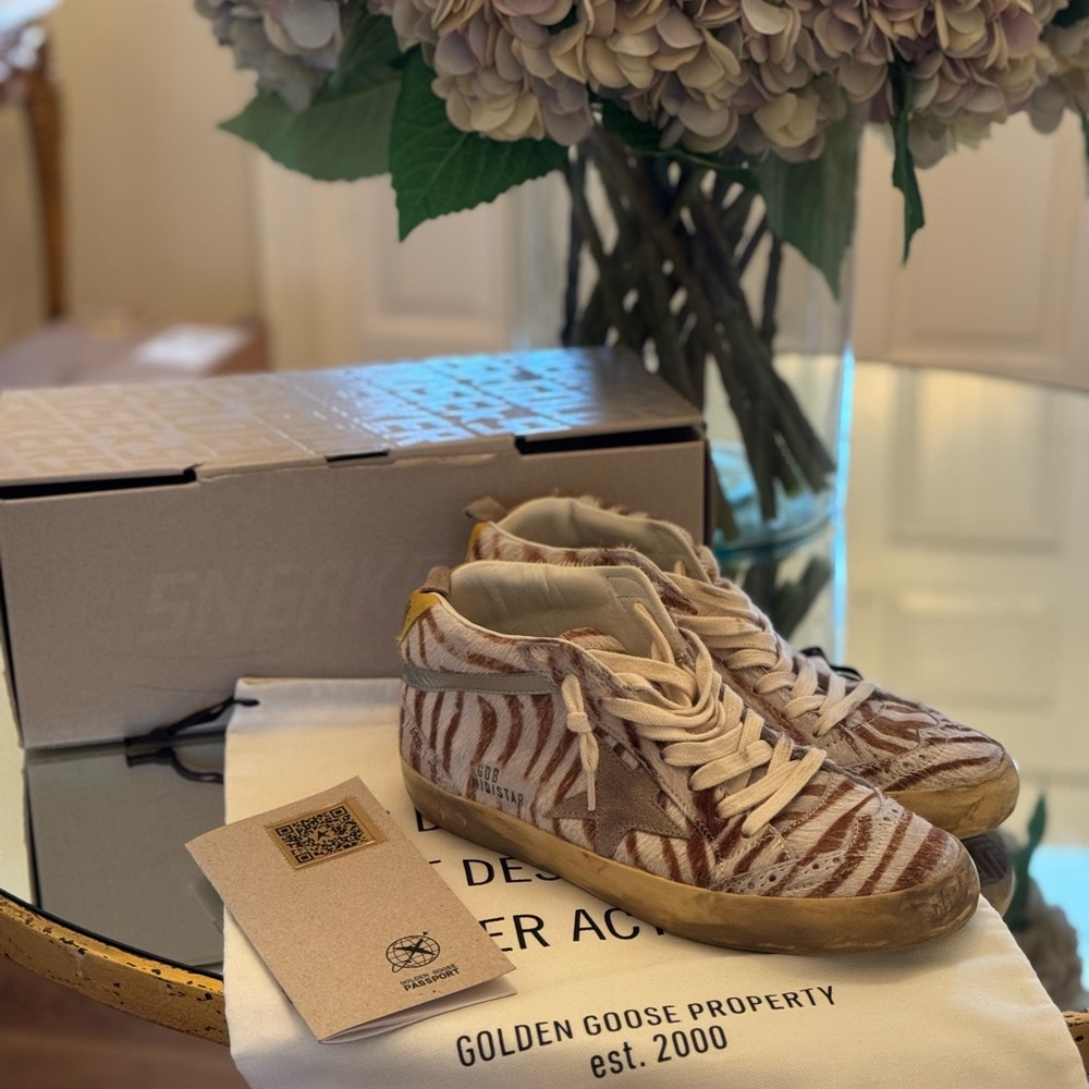 Golden Goose Mid Star Brown and White Zebra Sneakers